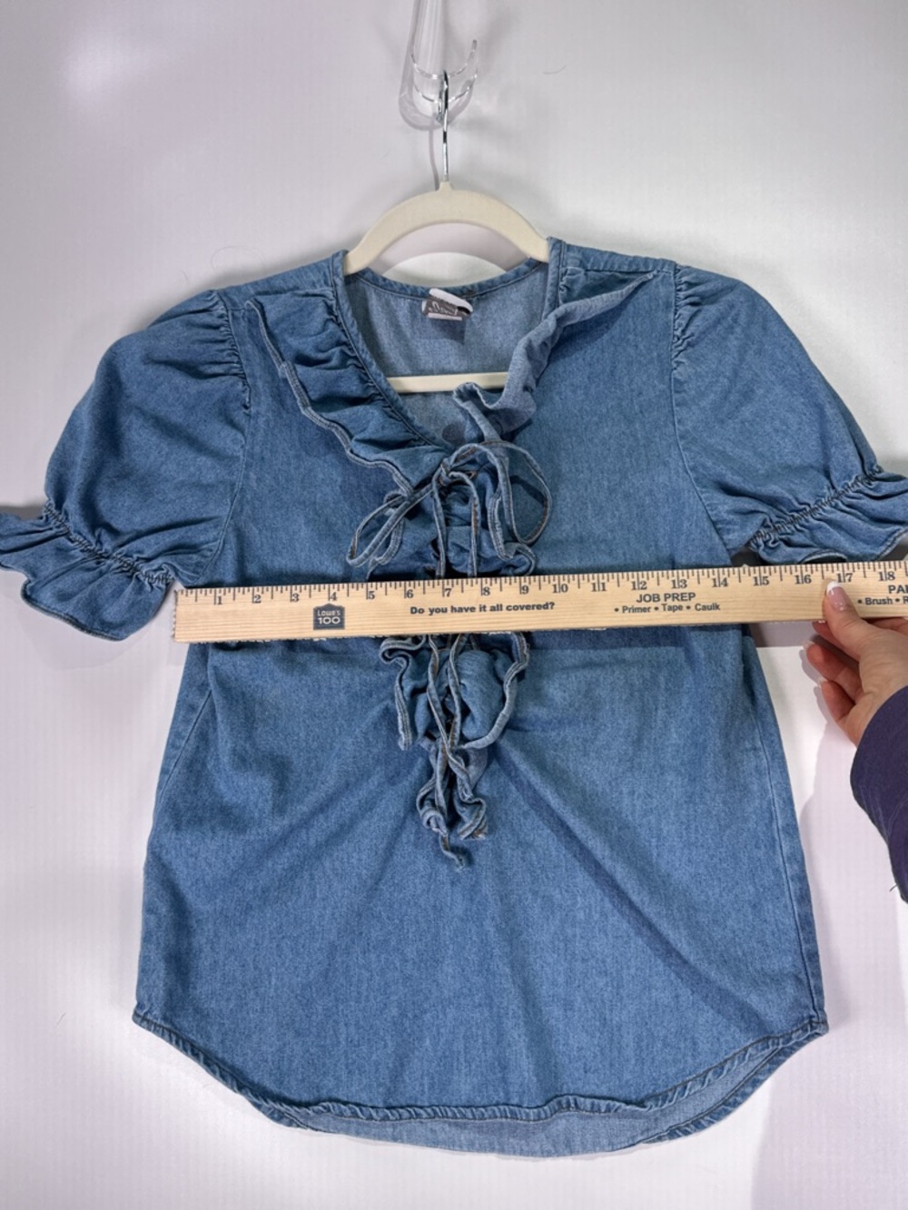 Great Escape Vintage Denim Blouse Lace Up Ruffle Puff Sleeve Cotton Blue Medium - Picture 8 of 9